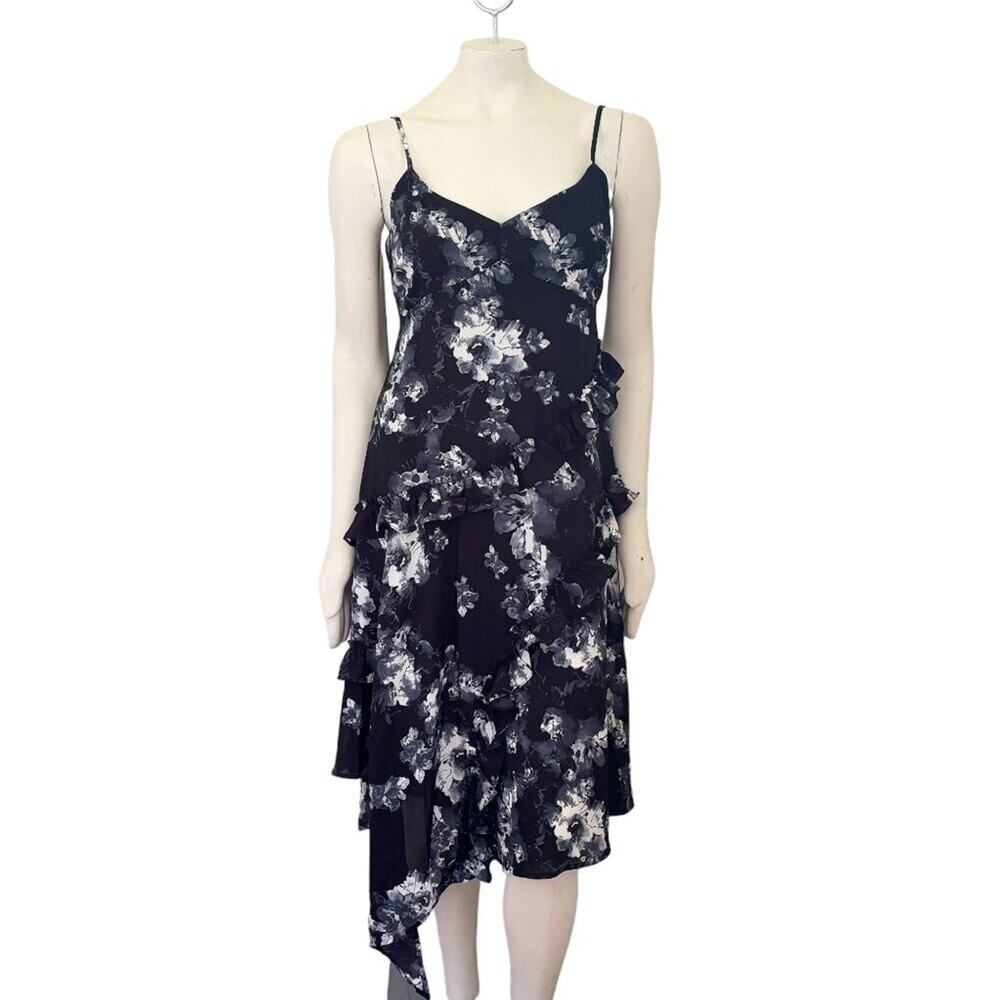 MARC BOUWER Tiered Ruffle Handkerchief Hem Slip Dress in Black Florals Y2K SZ S